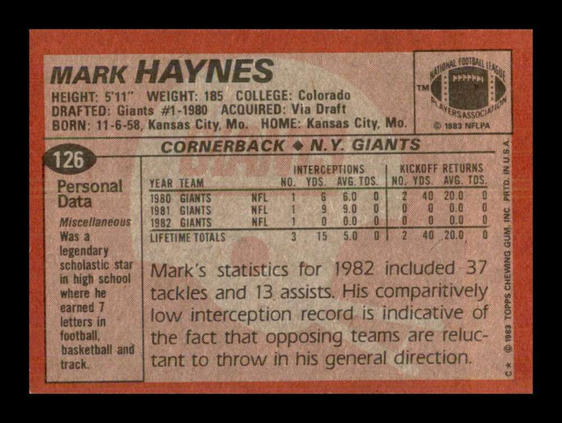 Load image into Gallery viewer, 1983 Topps Mark Haynes #126 New York Giants Image 2
