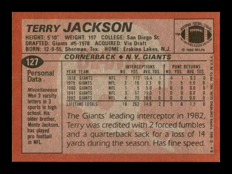 Load image into Gallery viewer, 1983 Topps Terry Jackson #127 New York Giants Image 2
