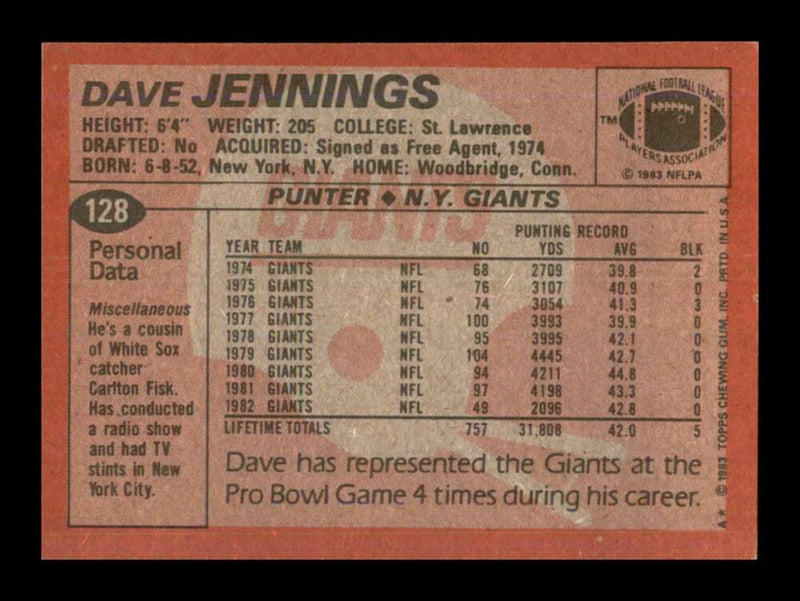 Load image into Gallery viewer, 1983 Topps Dave Jennings #128 New York Giants Image 2
