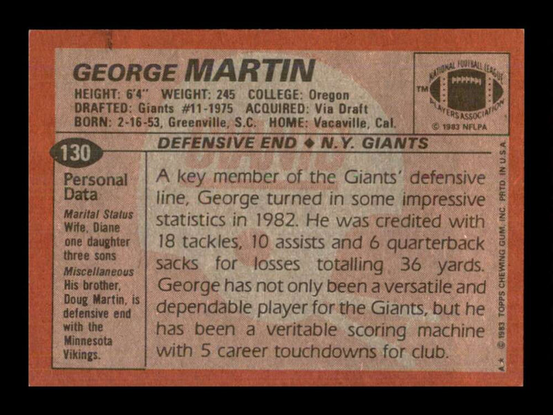 Load image into Gallery viewer, 1983 Topps George Martin #130 New York Giants Image 2
