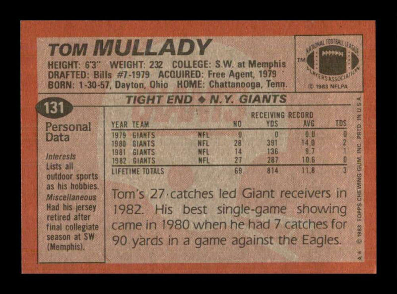 Load image into Gallery viewer, 1983 Topps Tom Mullady #131 New York Giants Image 2
