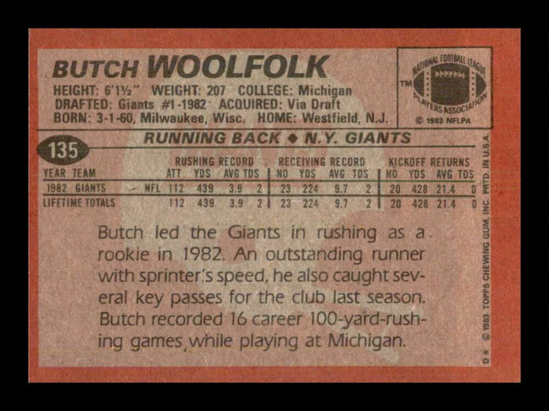 Load image into Gallery viewer, 1983 Topps Butch Woolfolk #135 New York Giants Rookie RC Image 2
