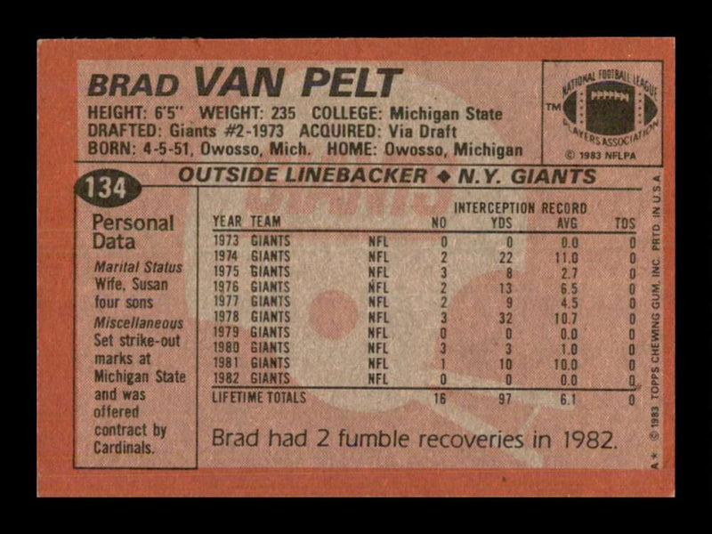 Load image into Gallery viewer, 1983 Topps Brad Van Pelt #134 New York Giants Image 2
