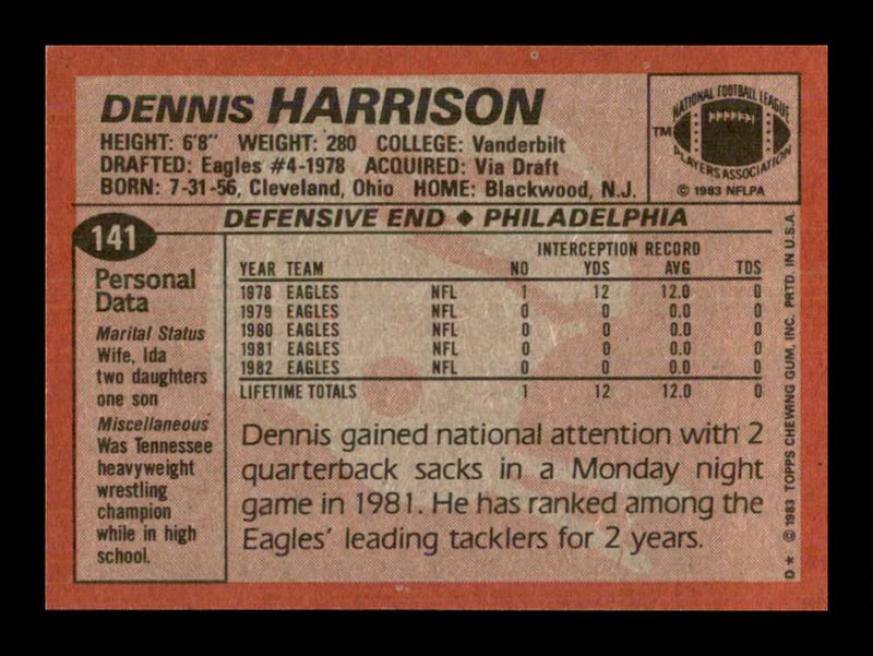 Load image into Gallery viewer, 1983 Topps Dennis Harrison #141 Philadelphia Eagles Image 2
