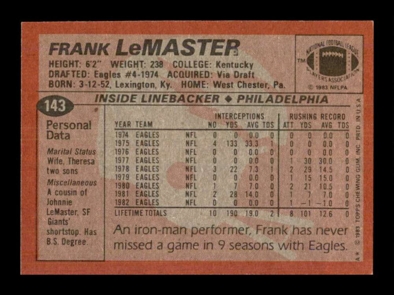 Load image into Gallery viewer, 1983 Topps Frank Lemaster #143 Philadelphia Eagles Image 2
