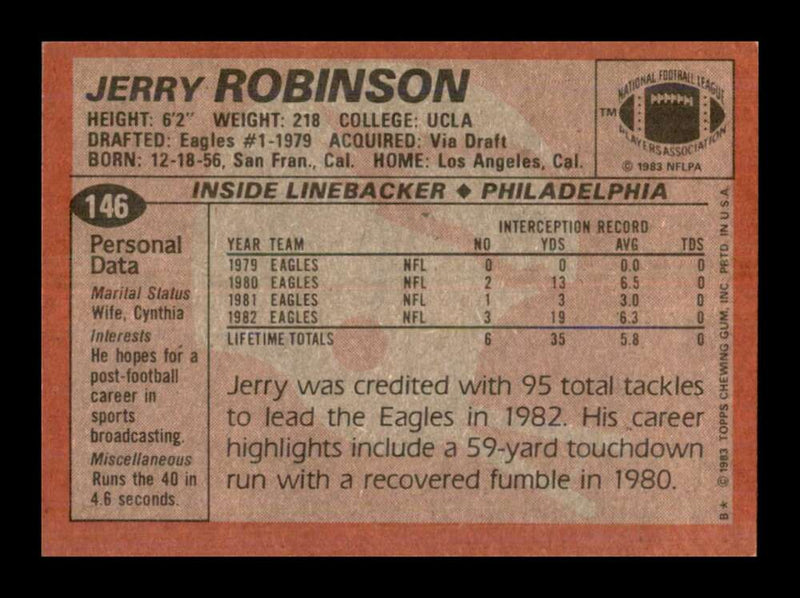 Load image into Gallery viewer, 1983 Topps Jerry Robinson #146 Philadelphia Eagles Image 2
