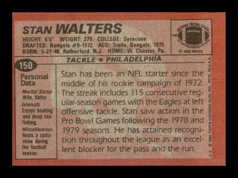 Load image into Gallery viewer, 1983 Topps Stan Walters #150 Philadelphia Eagles Image 2
