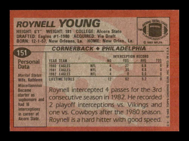 Load image into Gallery viewer, 1983 Topps Roynell Young #151 Philadelphia Eagles Image 2
