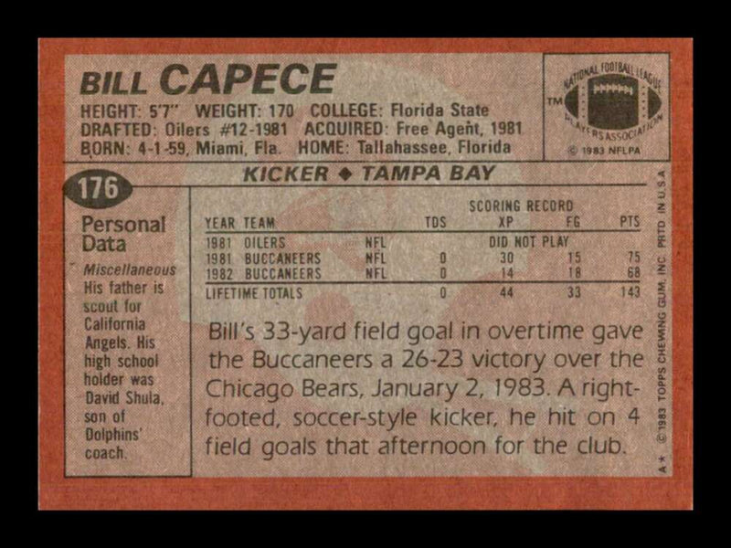 Load image into Gallery viewer, 1983 Topps Bill Capece #176 Tampa Bay Buccaneers Image 2
