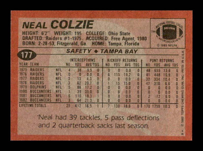 Load image into Gallery viewer, 1983 Topps Neal Colzie #177 Tampa Bay Buccaneers Image 2
