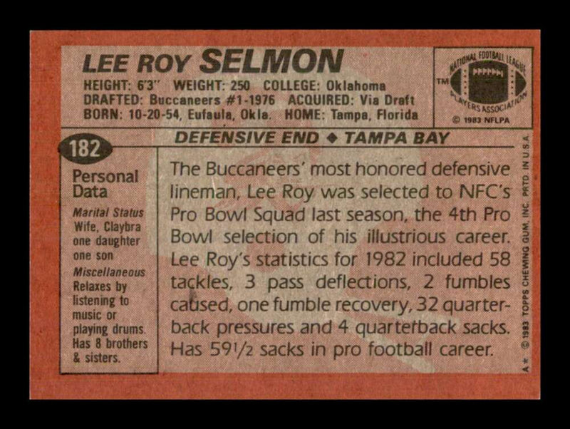 Load image into Gallery viewer, 1983 Topps Lee Roy Selmon #182 Tampa Bay Buccaneers Image 2
