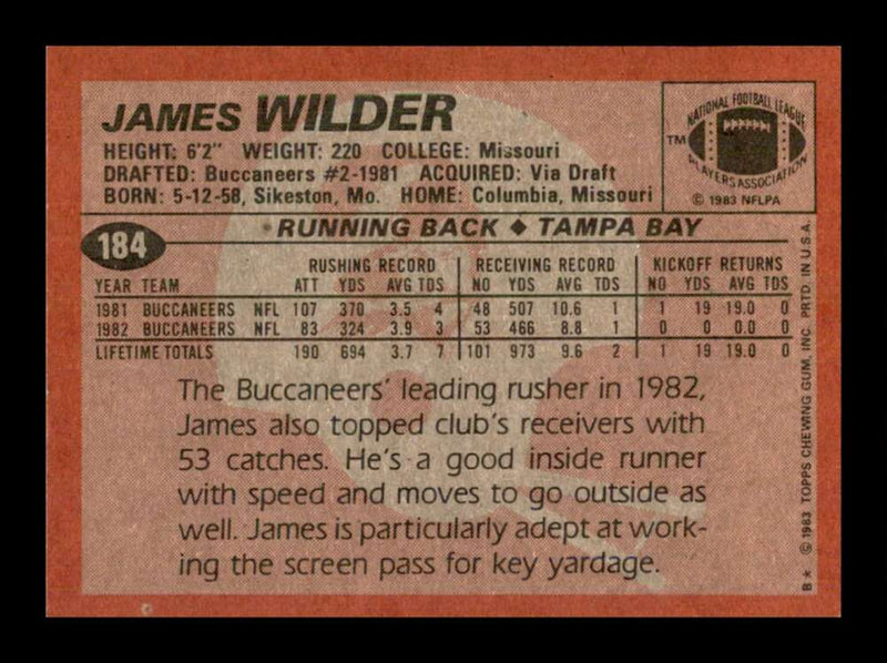 Load image into Gallery viewer, 1983 Topps James Wilder #184 Tampa Bay Buccaneers Image 2
