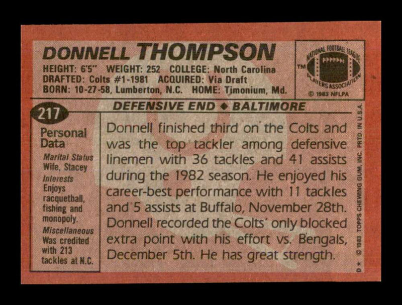 Load image into Gallery viewer, 1983 Topps Donnell Thompson #217 Baltimore Colts Rookie RC Image 2
