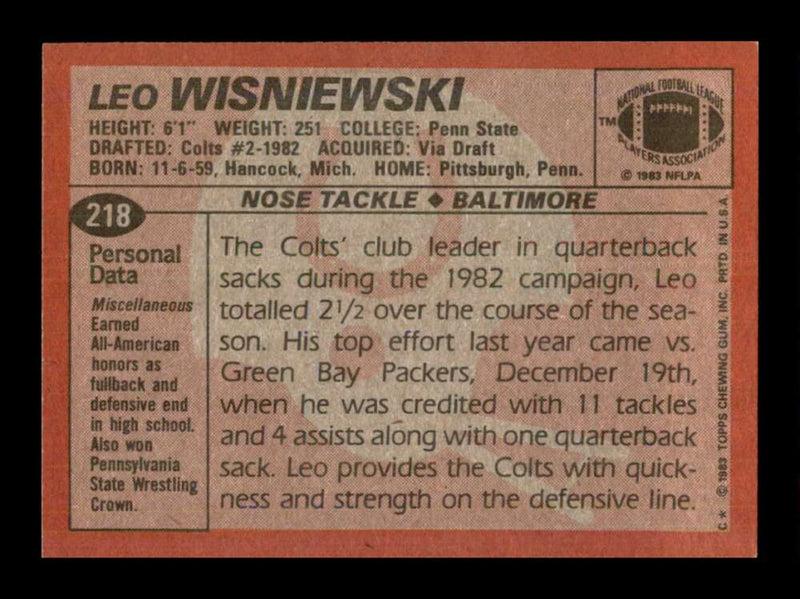 Load image into Gallery viewer, 1983 Topps Leo Wisniewski #218 Baltimore Colts Image 2
