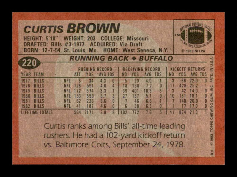 Load image into Gallery viewer, 1983 Topps Curtis Brown #220 Buffalo Bills Image 2
