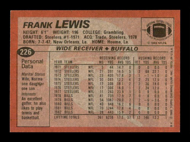 Load image into Gallery viewer, 1983 Topps Frank Lewis #226 Buffalo Bills Image 2
