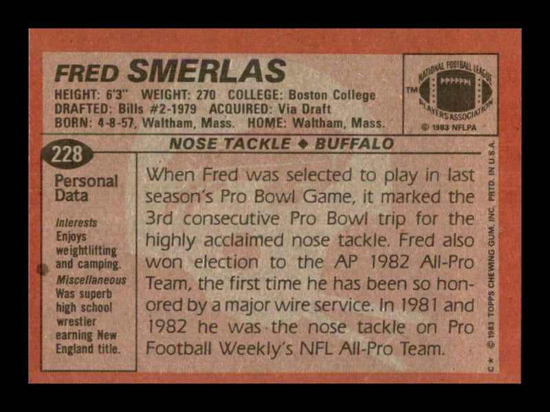 Load image into Gallery viewer, 1983 Topps Fred Smerlas #228 Buffalo Bills Image 2
