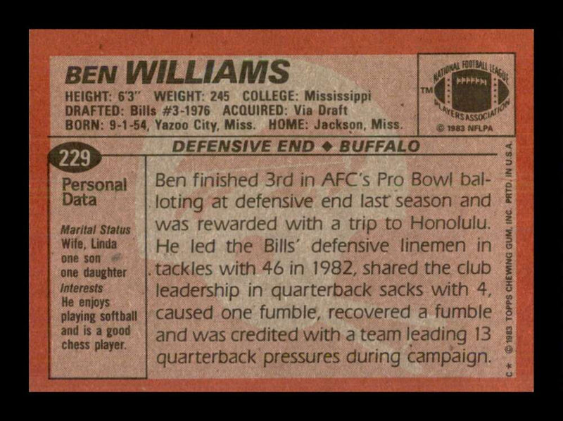 Load image into Gallery viewer, 1983 Topps Ben Williams #229 Buffalo Bills Image 2
