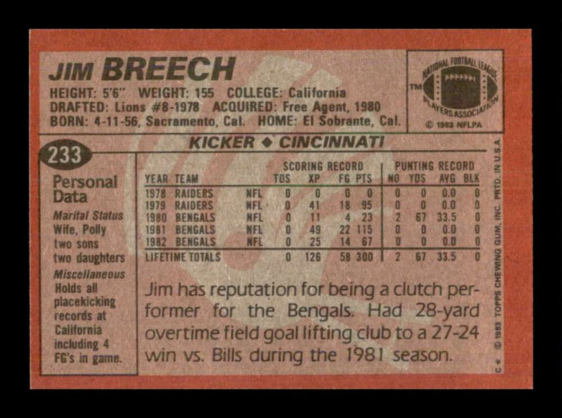 Load image into Gallery viewer, 1983 Topps Jim Breech #233 Cincinnati Bengals Image 2
