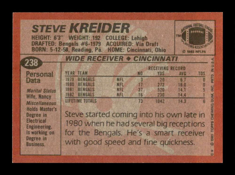 Load image into Gallery viewer, 1983 Topps Steve Kreider #238 Cincinnati Bengals Image 2
