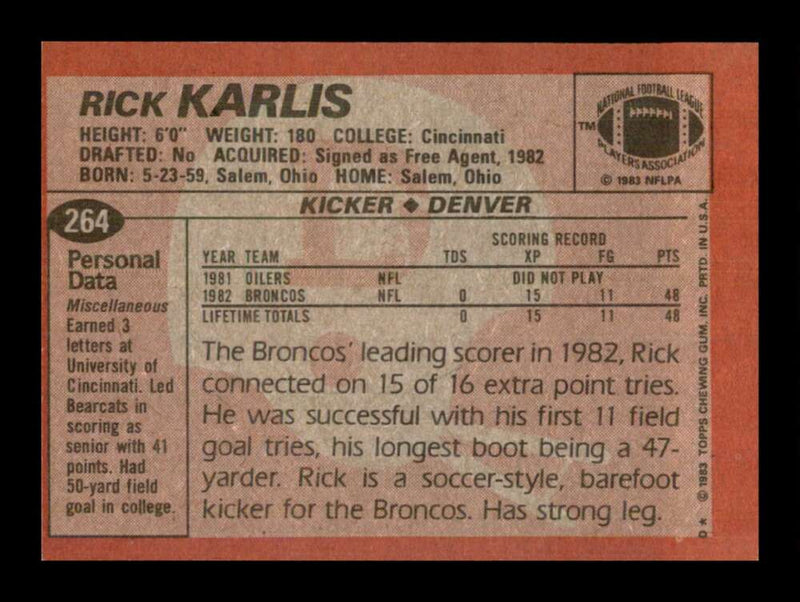 Load image into Gallery viewer, 1983 Topps Rich Karlis #264 Denver Broncos Image 2
