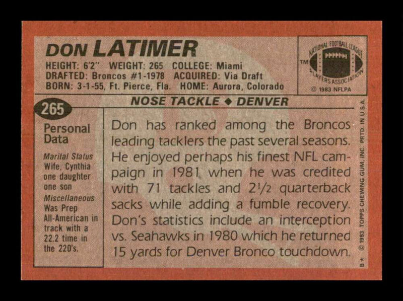 Load image into Gallery viewer, 1983 Topps Don Latimer #265 Denver Broncos Image 2
