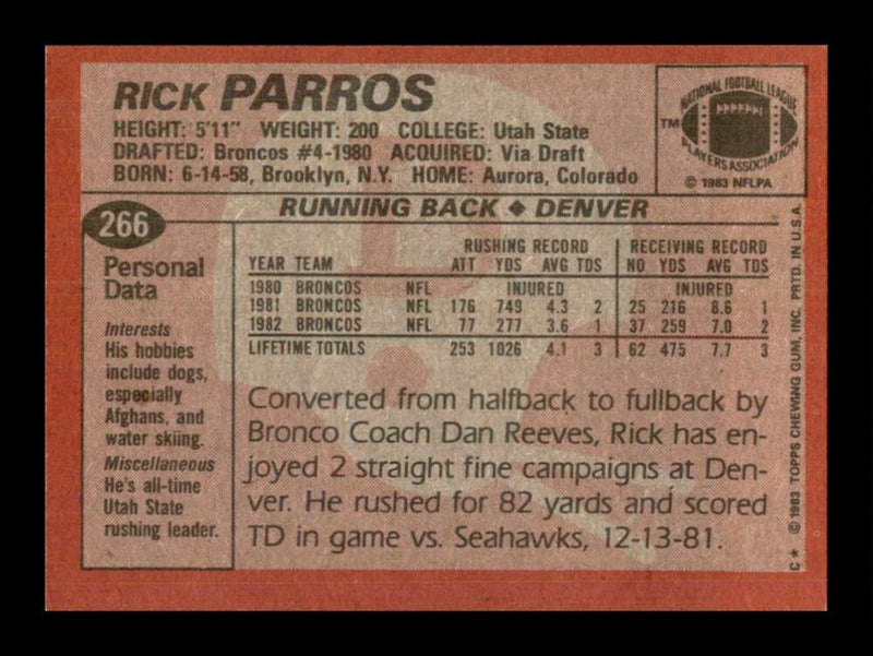 Load image into Gallery viewer, 1983 Topps Rick Parros #266 Denver Broncos Image 2
