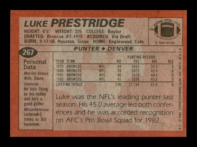 Load image into Gallery viewer, 1983 Topps Luke Prestridge #267 Denver Broncos Image 2
