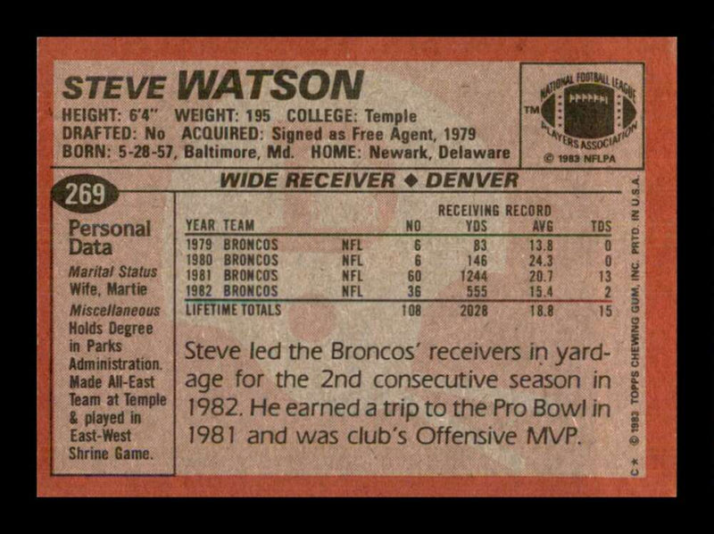 Load image into Gallery viewer, 1983 Topps Steve Watson #269 Denver Broncos Image 2
