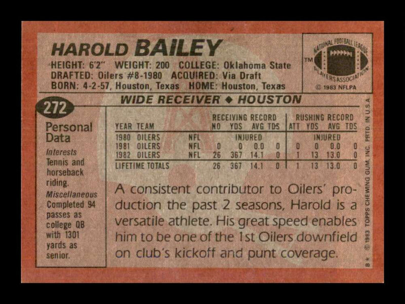 Load image into Gallery viewer, 1983 Topps Harold Bailey #272 Houston Oilers Image 2
