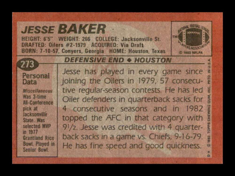 Load image into Gallery viewer, 1983 Topps Jesse Baker #273 Houston Oilers Image 2
