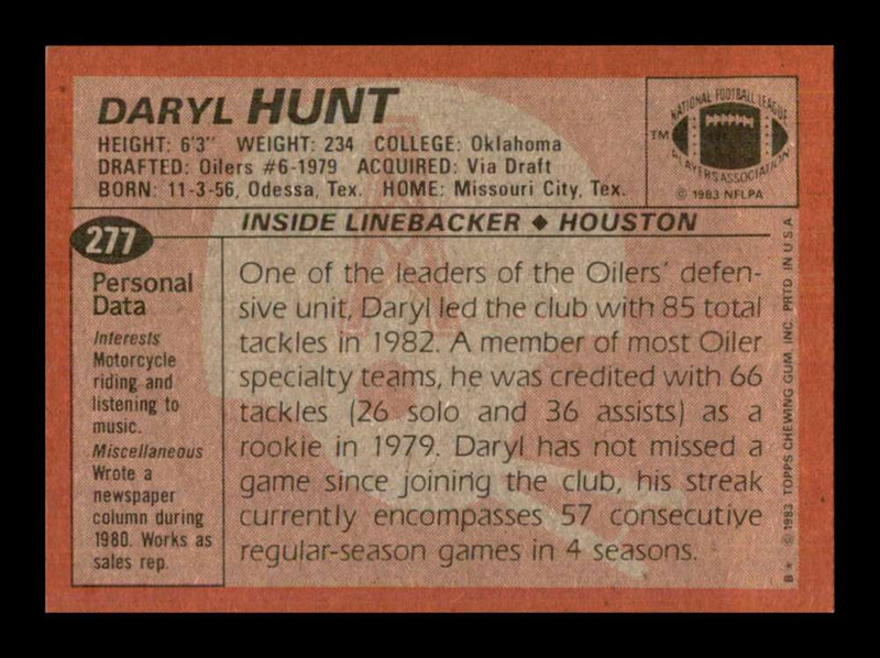 Load image into Gallery viewer, 1983 Topps Daryl Hunt #277 Houston Oilers Image 2
