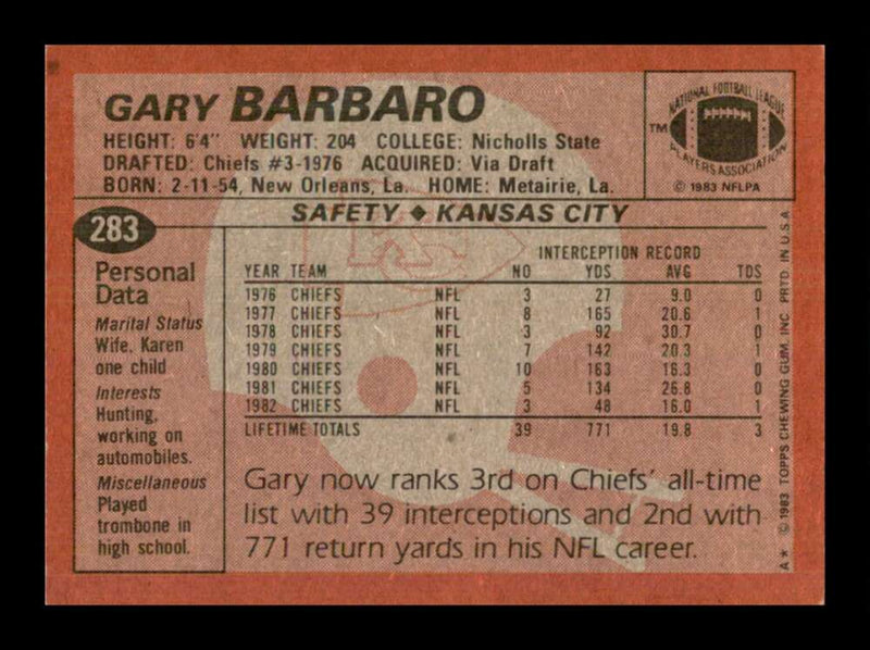 Load image into Gallery viewer, 1983 Topps Gary Barbaro #283 Kansas City Chiefs Image 2
