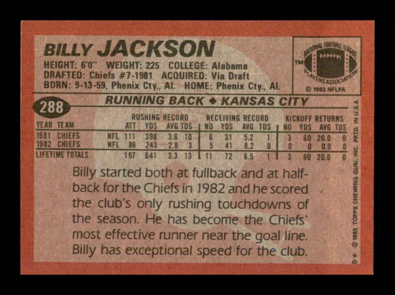 Load image into Gallery viewer, 1983 Topps Billy Jackson #288 Kansas City Chiefs Image 2
