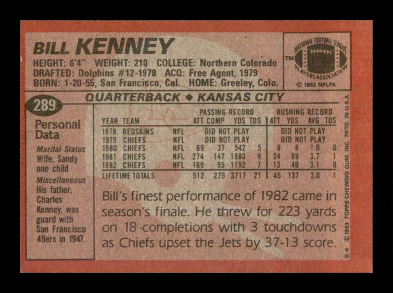 Load image into Gallery viewer, 1983 Topps Bill Kenney #289 Kansas City Chiefs Image 2
