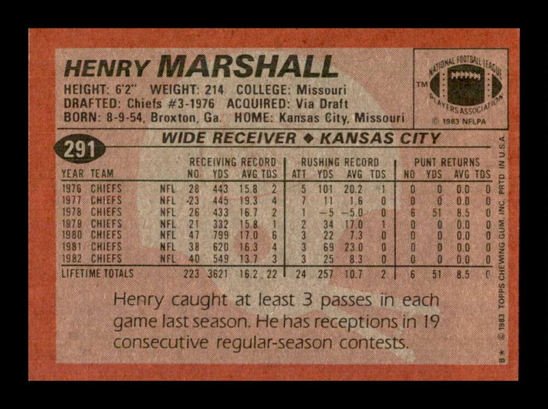 Load image into Gallery viewer, 1983 Topps Henry Marshall #291 Kansas City Chiefs Image 2
