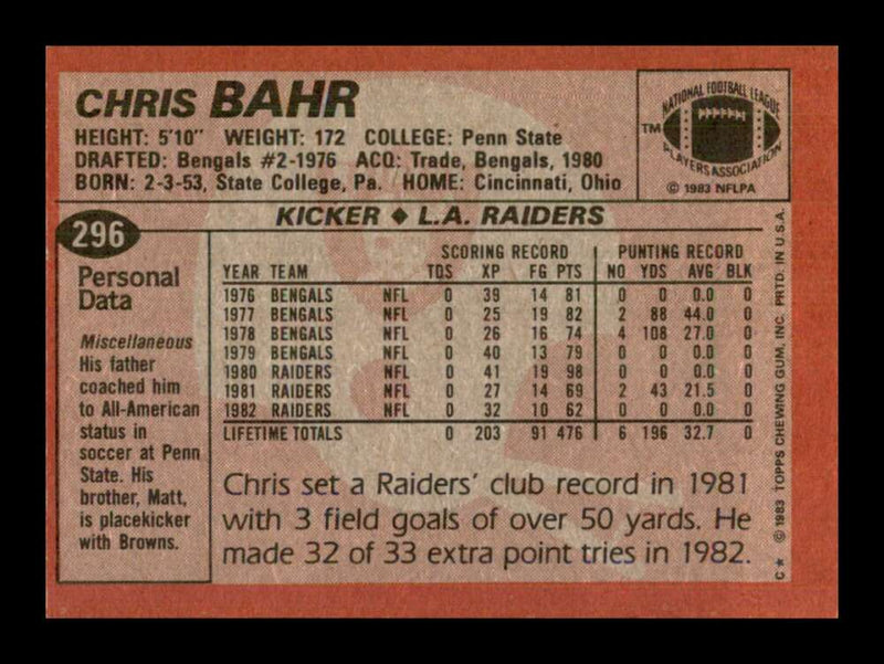 Load image into Gallery viewer, 1983 Topps Chris Bahr #296 Los Angeles Raiders Image 2
