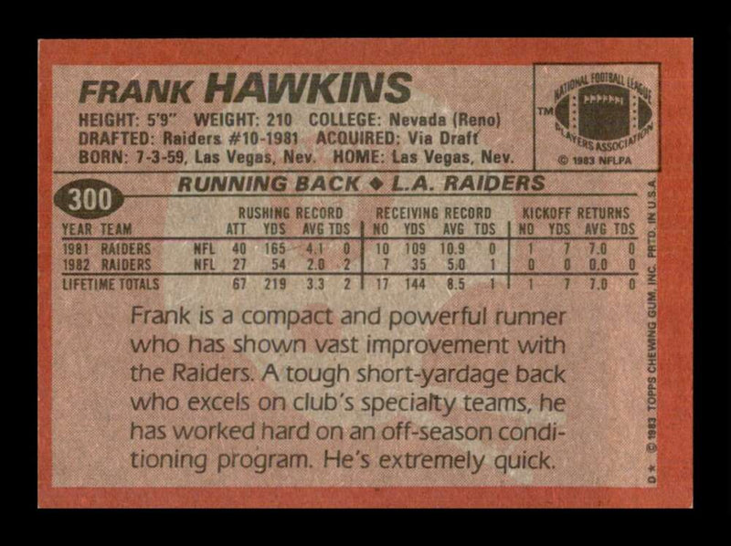 Load image into Gallery viewer, 1983 Topps Frank Hawkins #300 Los Angeles Raiders Image 2
