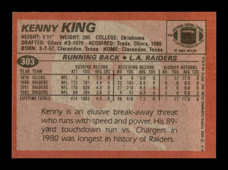 Load image into Gallery viewer, 1983 Topps Kenny King #303 Los Angeles Raiders Image 2
