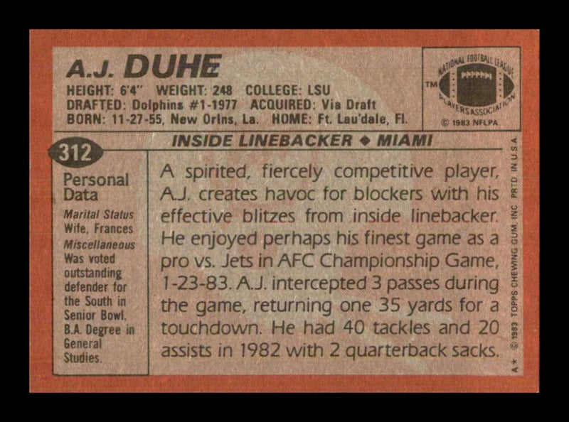 Load image into Gallery viewer, 1983 Topps A.J. Duhe #312 Miami Dolphins Image 2
