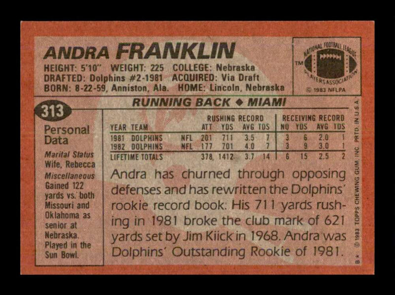 Load image into Gallery viewer, 1983 Topps Andra Franklin #313 Miami Dolphins Image 2
