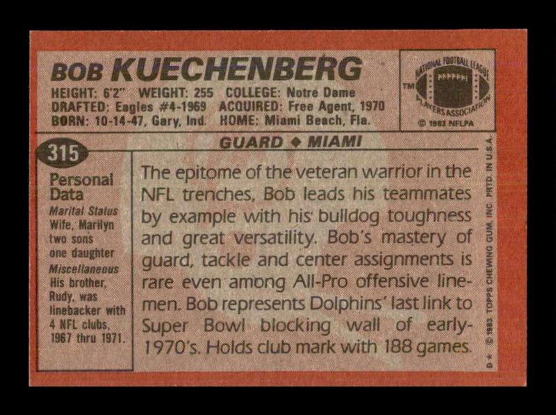 Load image into Gallery viewer, 1983 Topps Bob Kuechenberg #315 Miami Dolphins Image 2
