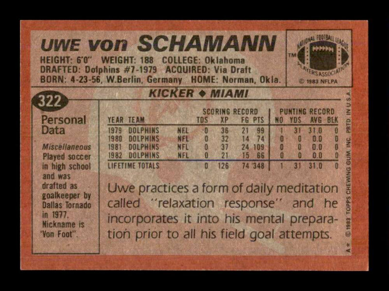 Load image into Gallery viewer, 1983 Topps Uwe Von Schamann #322 Miami Dolphins Image 2
