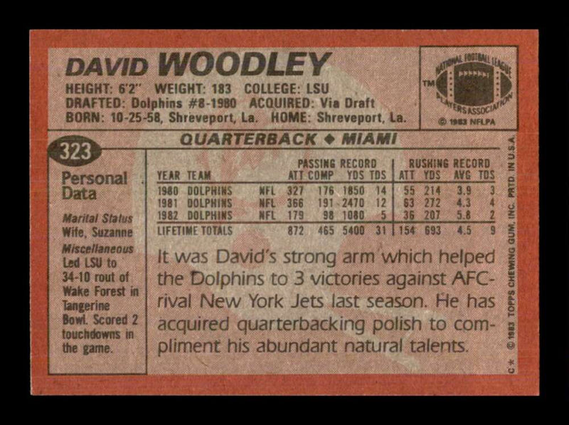 Load image into Gallery viewer, 1983 Topps David Woodley #323 Miami Dolphins Image 2
