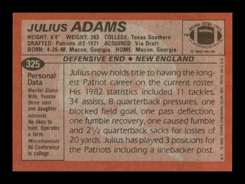 Load image into Gallery viewer, 1983 Topps Julius Adams #325 New England Patriots Image 2
