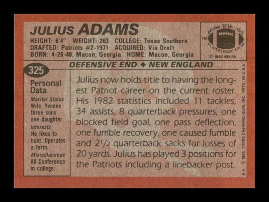 1983 Topps Julius Adams 