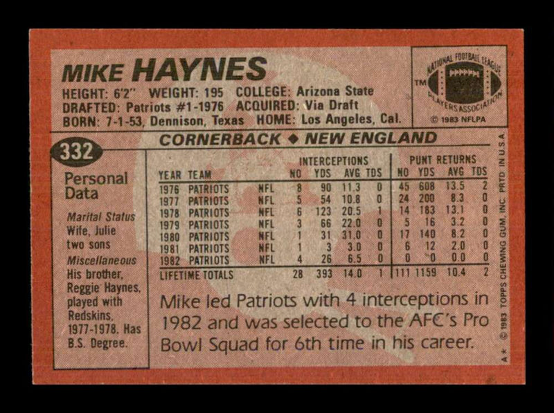 Load image into Gallery viewer, 1983 Topps Mike Haynes #332 New England Patriots Image 2
