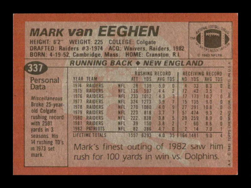 Load image into Gallery viewer, 1983 Topps Mark Van Eeghen #337 New England Patriots Image 2
