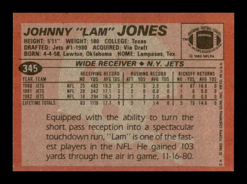 Load image into Gallery viewer, 1983 Topps Lam Jones #345 New York Jets Image 2
