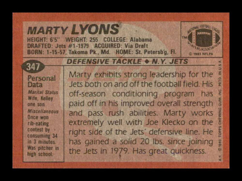 Load image into Gallery viewer, 1983 Topps Marty Lyons #347 New York Jets Image 2
